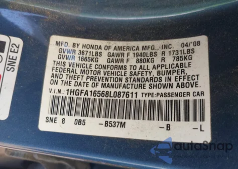 2008 Honda Civic Lx из США, поврежденный, VIN 1HGFA16568L087611